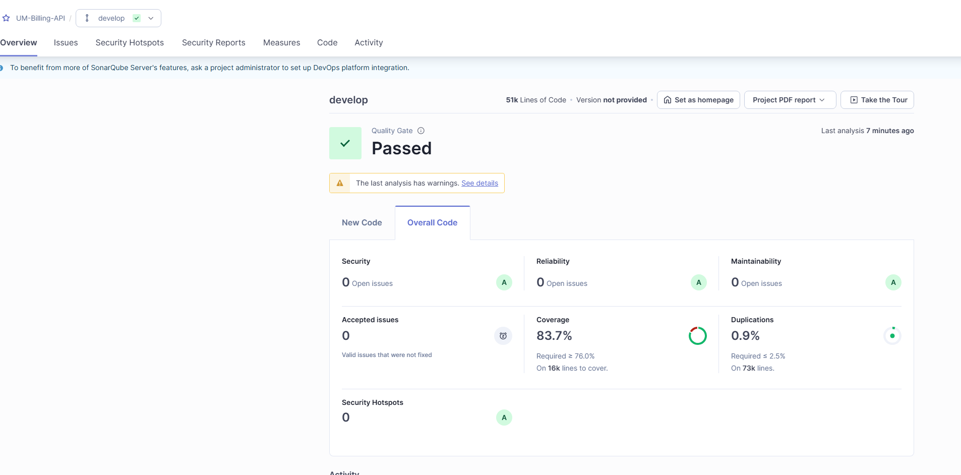 SonarQube screenshot of UM Billing API after improvement