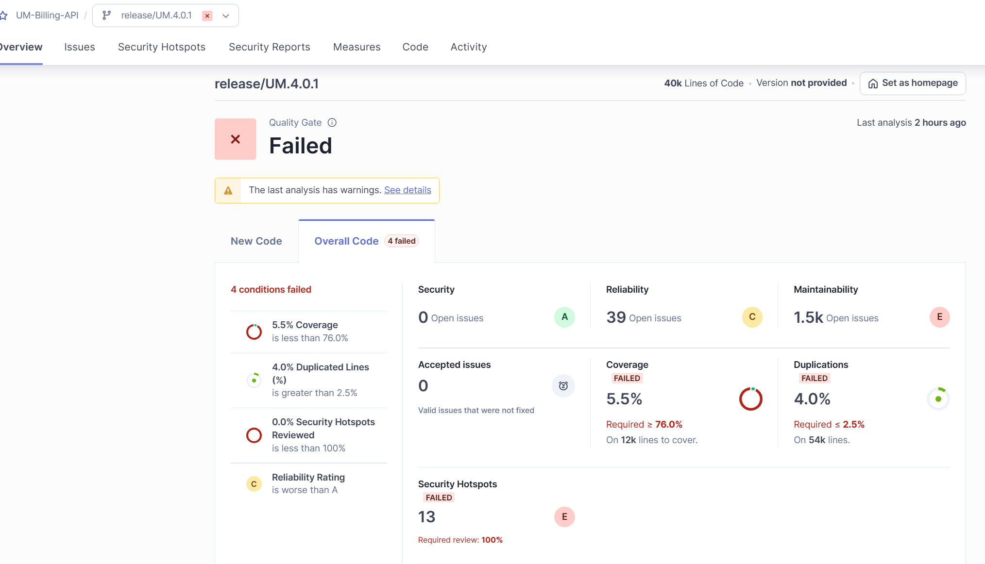 SonarQube screenshot of UM Billing API before improvement