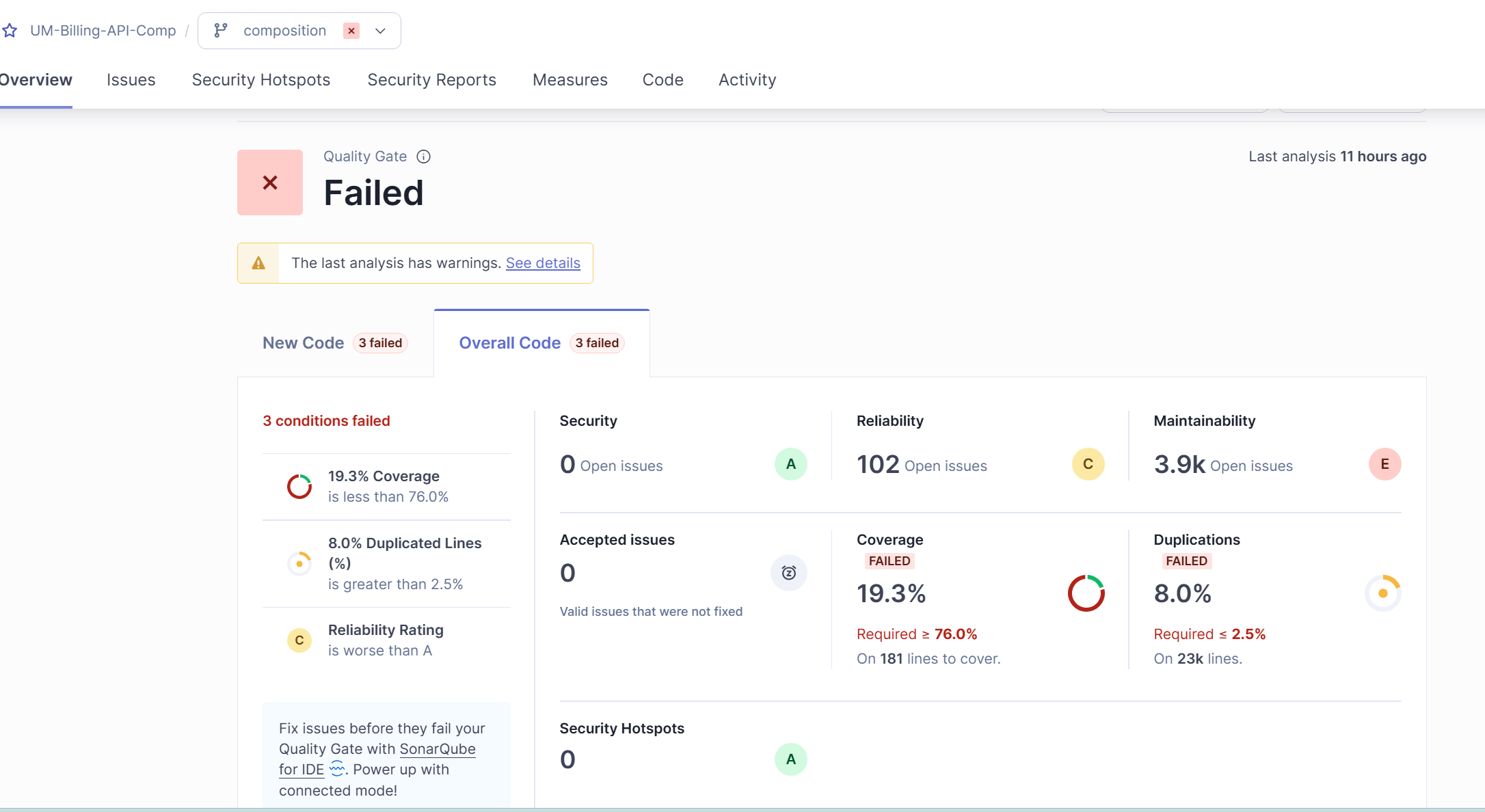SonarQube screenshot of UM Billing API Comp before improvement